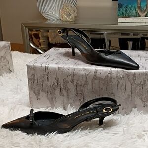 New Stuart Weitzman Tully Elegant Black Leather Slingback Kitten Heels Size 8B